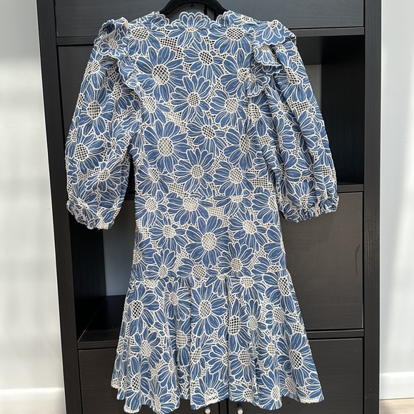 NEW Sandro Applique Detail V Neck Floral Lace Blue Mini Dress - Picture 8 of 8